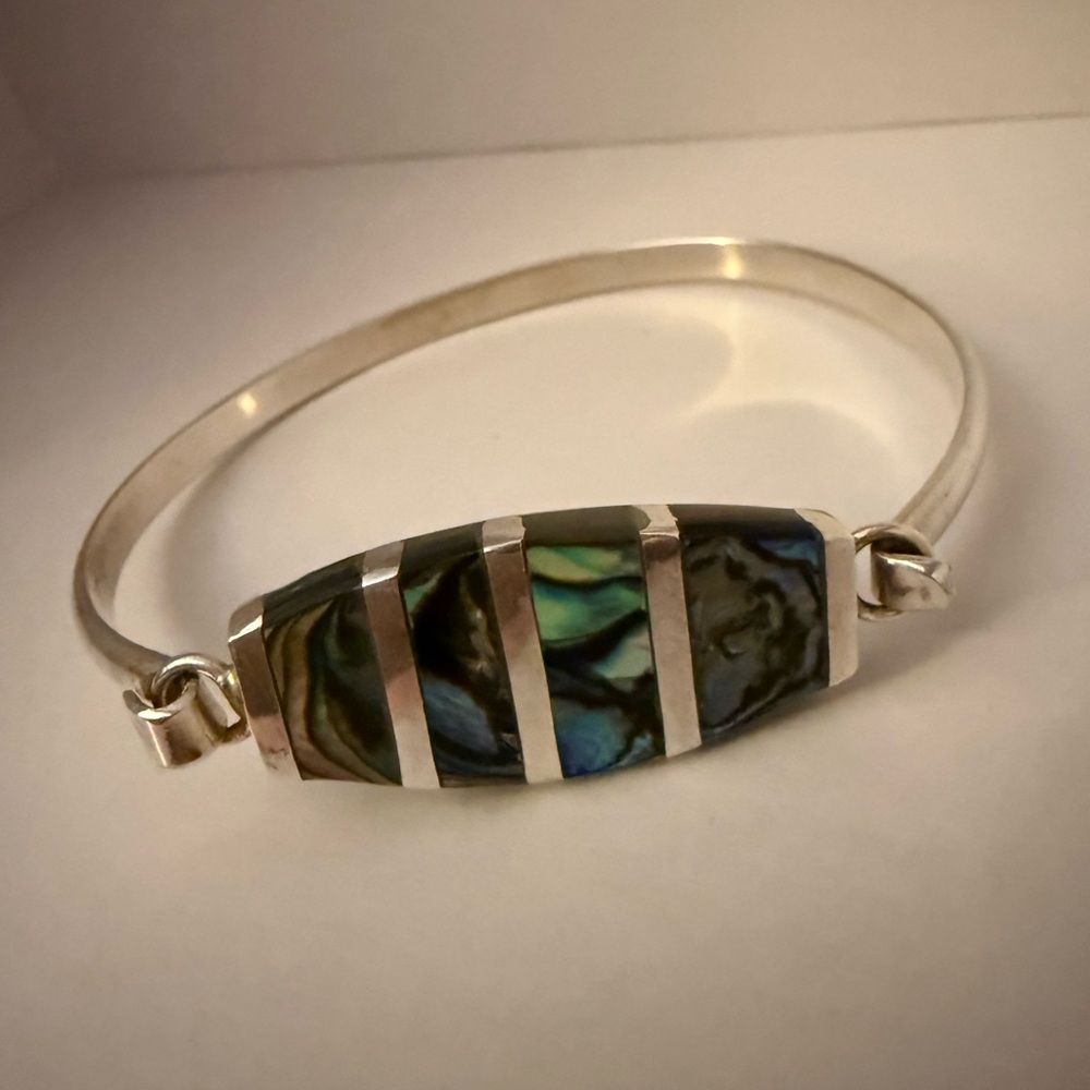 Vintage Mexican Silver Alloy Abalone Inlay Bangle Bracelet - Women's Jewelry